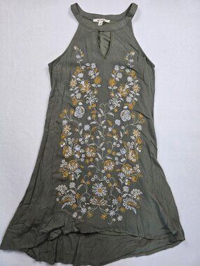 Miami Francescas Sleeveless Olive Green Floral Embroidered Dress XS Boho
